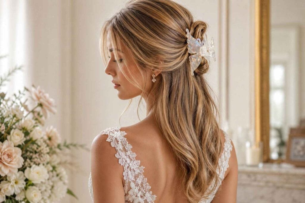 Pince à cheveux mariage papillon en acétate transparent — coiffure demi-queue romantique ClawMeUp