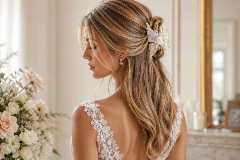 Pince à cheveux mariage papillon en acétate transparent — coiffure demi-queue romantique ClawMeUp