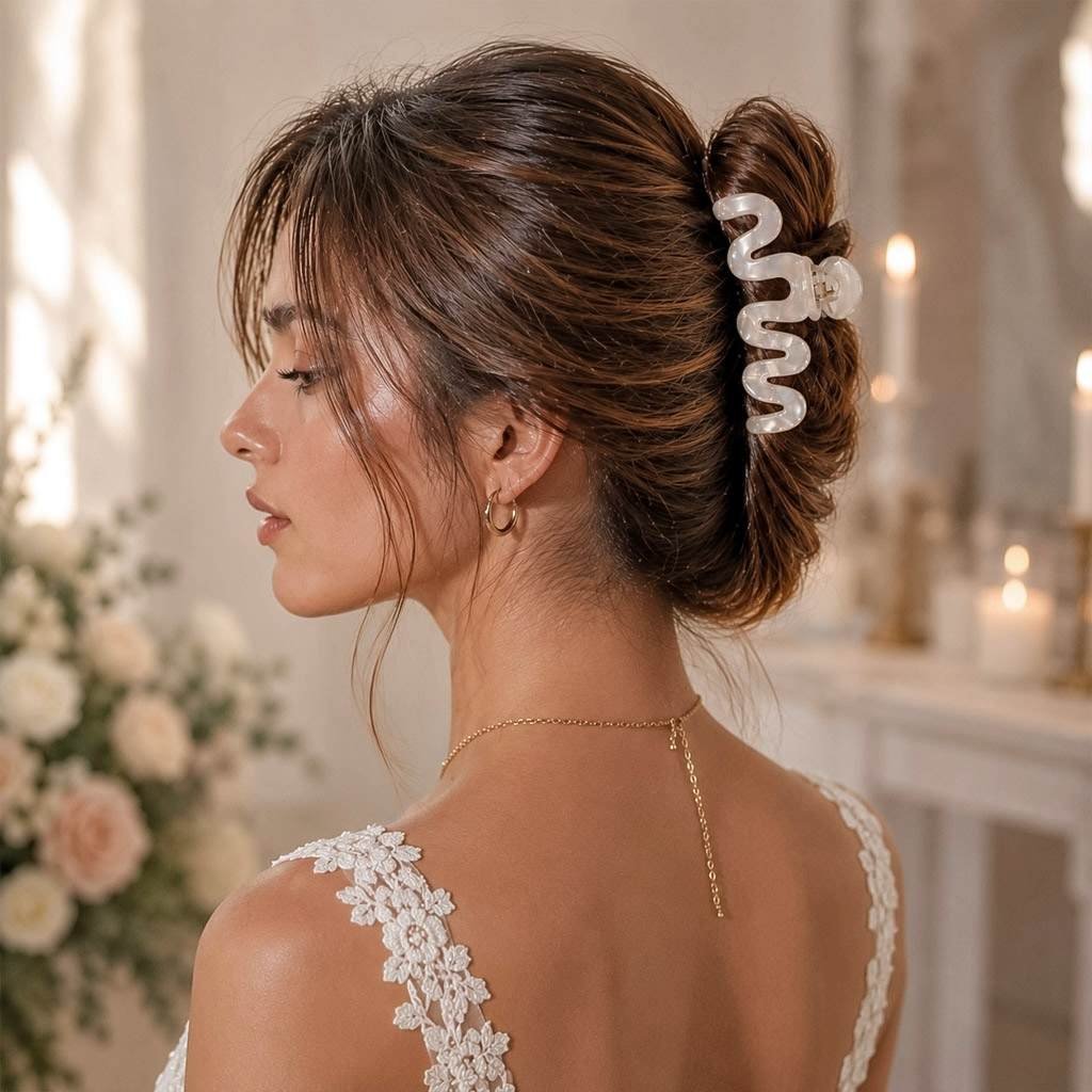 Pince à cheveux mariage forme vague nacrée — chignon de mariée élégant ClawMeUp