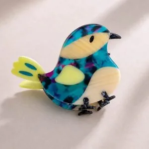 Pince à cheveux oiseau bleu acétate multicolore marbré bleu turquoise ivoire jaune — CMU-KAL-14 ClawMeUp
