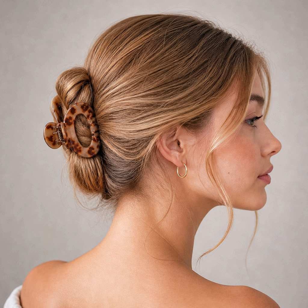 Pince cheveux originale ovale acétate Écaille Ambre portée en chignon twisted, style parisien — ClawMeUp Paris