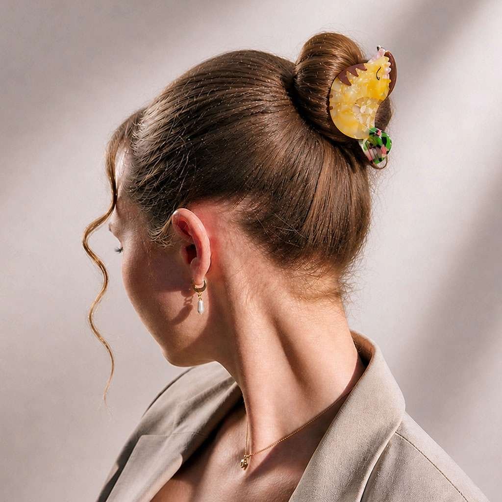 Pince à cheveux poule jaune acétate portée en chignon haut sur cheveux bruns — CMU-KAL-15 ClawMeUp