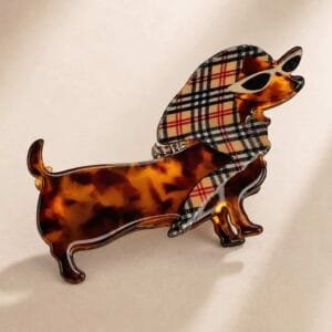 Pince à cheveux teckel acétate écaille léopard motif tartan écossais et lunettes blanches — CMU-KAL-18 ClawMeUp