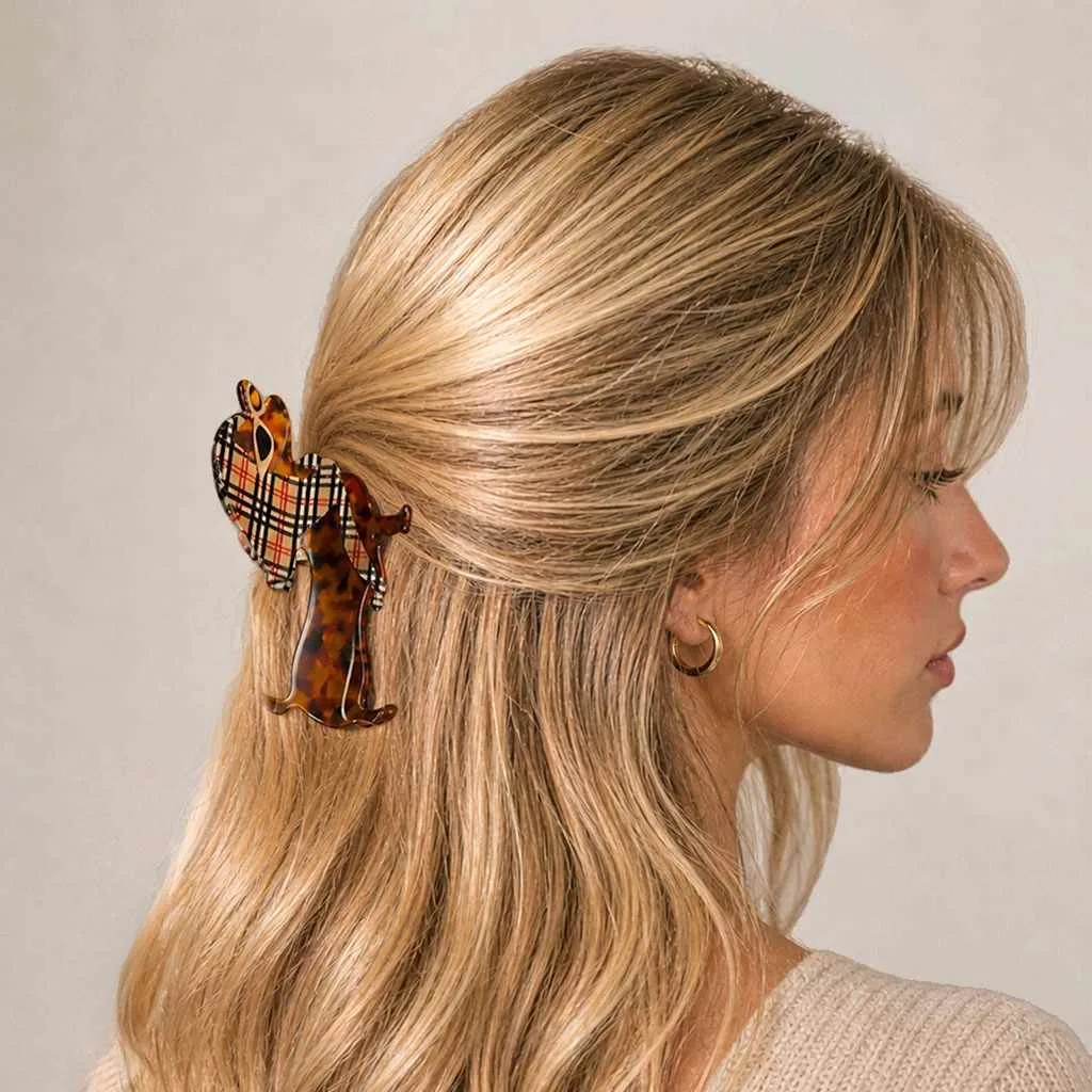 Pince à Cheveux Teckel Foulard Tartan — Acétate Écaille — vue 2
