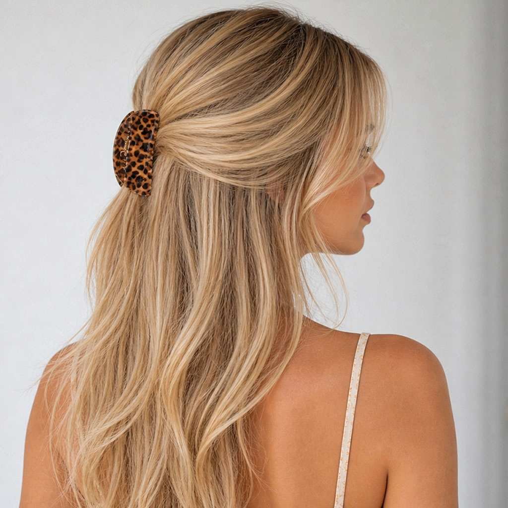 Pince crabe cheveux léopard Écaille Miel portée en demi-queue sur cheveux longs — ClawMeUp Paris