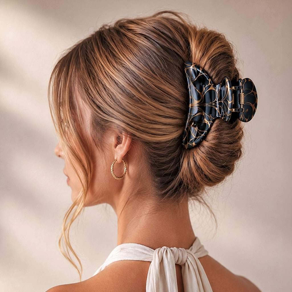 Pince crabe cheveux noire et or ClawMeUp en acétate de cellulose, portée sur chignon élégant — accessoire cheveux luxe