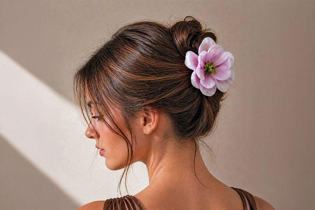 Chignon élégant orné d'une pince fleur pour mariage, lumière naturelle dorée