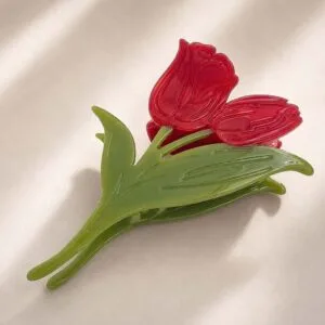pince à cheveux fleur rouge feuilles vertes acétate cellulose