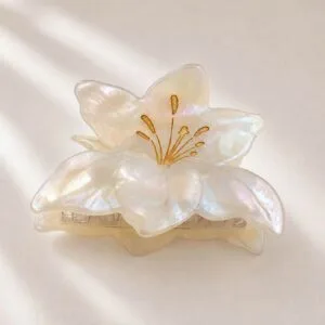 pince cheveux lys pétales irisés acétate blanc nacré face ClawMeUp