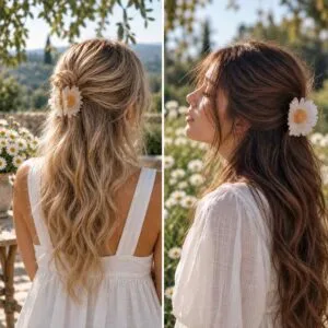 Cheveux longs coiffés d'une pince marguerite blanc nacré, portée de dos et de profil au milieu des marguerites
