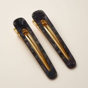 Duo de barrettes plates spatule dorées en acétate noir abalone