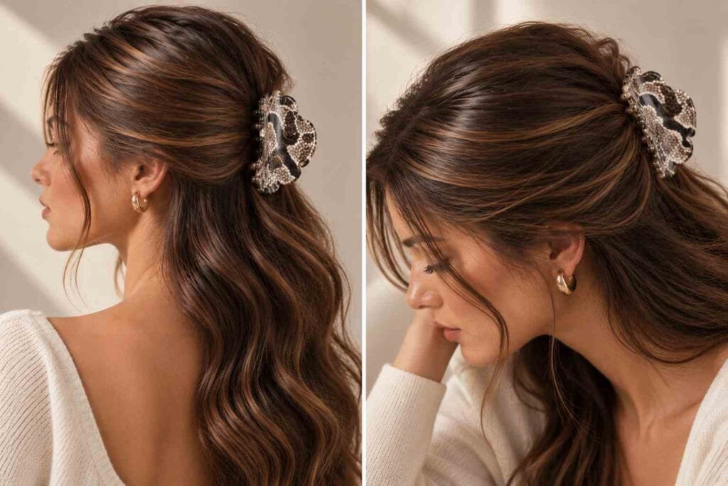 Accessoires cheveux Paris — pince à cheveux motif python portée en demi-attache sur cheveux ondulés, ClawMeUp