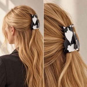 Pince à cheveux chat noir & blanc portée, coiffure demi-queue — ClawMeUp