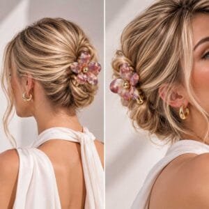 Pince à cheveux fleur acétate dorée camaïeux rosés portée en chignon — ClawMeUp