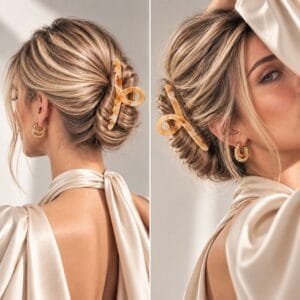 Pince griffe cheveux boucle caramel portée, coiffure chignon — ClawMeUp