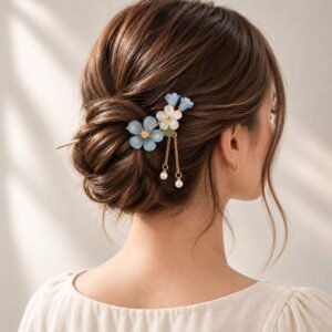 Pic à chignon fleurs bleu ciel porté sur un chignon bas — ClawMeUp