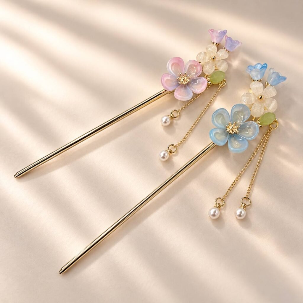Pic à chignon fleuri — Chaînes perlées & Acier inoxydable doré