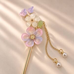 Pic à chignon fleurs Camaïeux Rosés, chaînes à perles nacrées — ClawMeUp