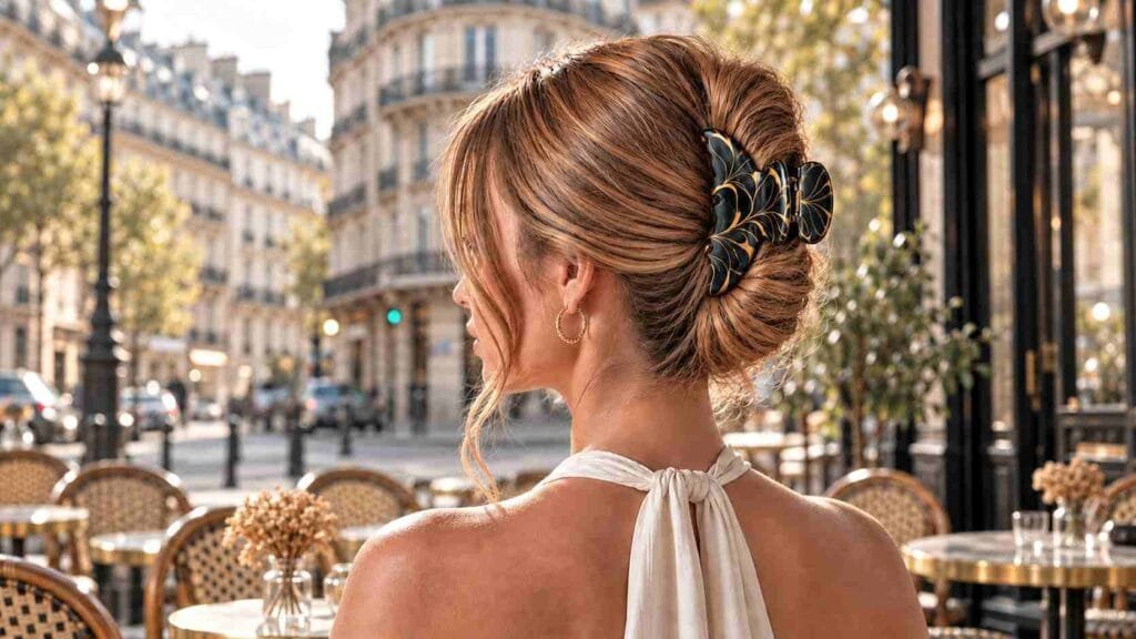 Femme de dos, chignon tenu par une pince à cheveux originale noire et dorée, sur une terrasse de café parisienne