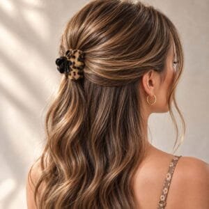 Demi-queue portée avec une pince à cheveux fleur noire en acétate coloris écaille miel