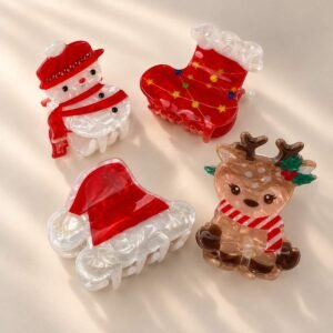 Pince cheveux Noël, lot de 4 en acétate nacré : bonhomme de neige, renne, bonnet et chaussette — ClawMeUp
